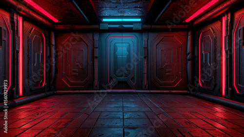 Futuristic room with glowing red and blue lights, featuring metallic walls and sleek design, evokes sense of mystery and technology