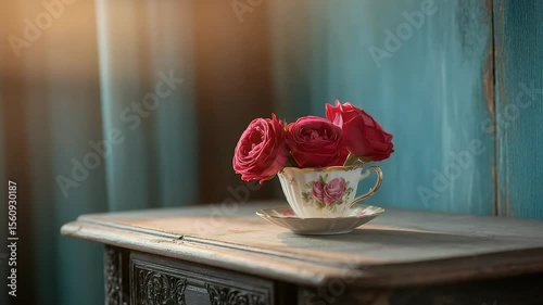 Red roses in vintage teacup elegant still life photography