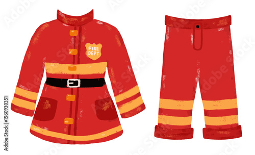 Cute set red hand drawn fireman firefighter suit jacket uniform safety worker element doodle kids cartoon illustration crayon watercolor clipart vector