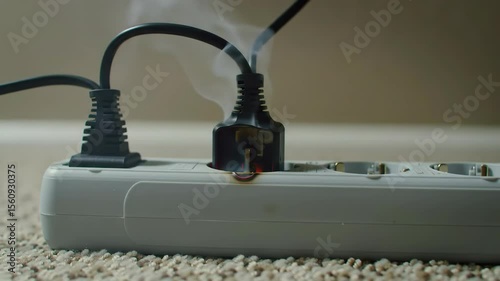Electrical Outlet Overload: Smoke Emanating from Damaged Power Strip Plug