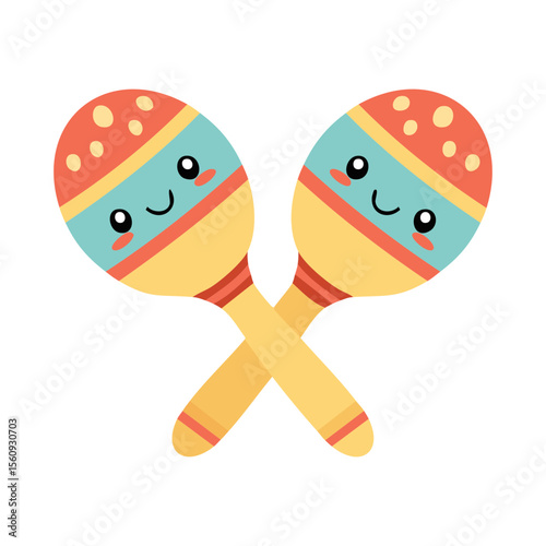 Two cheerful maracas crossing each other, conveying a sense of happiness and playfulness. They have cute faces with smiling expressions and decorated in colorful designs