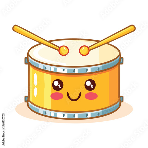 A cute cartoon drum with a happy face and drumsticks ready to make music. This cheerful image is perfect for musical themes