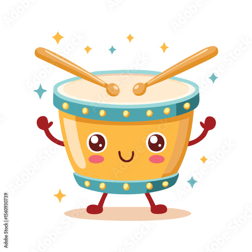 Cute cartoon drum with arms and legs, holding drumsticks and smiling happily.