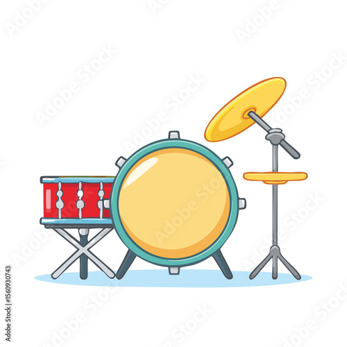 A vibrant illustration of a drum set, ready to make some music. The image showcases a bass drum, snare drum, and cymbal 