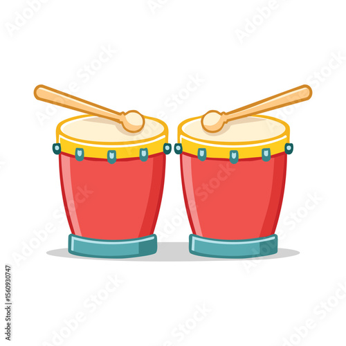 Two colorful drums with drumsticks resting on top, ready to create rhythm. The drums have a vibrant design and musical element, inviting a sense of excitement and creativity.