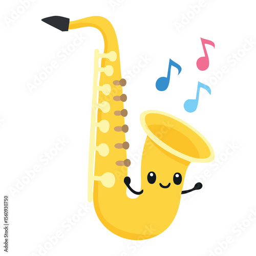 A cheerful cartoon saxophone, with a smiling face and musical notes, ready to play.  The brass instrument shines with a bright yellow color. 