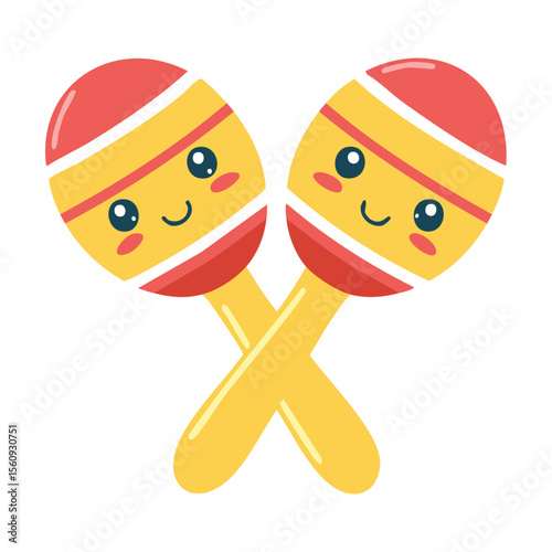 Two cheerful maracas are crossed against each other, radiating happiness and cultural charm. Their design features vibrant colors and charming facial expressions, adding a playful touch.