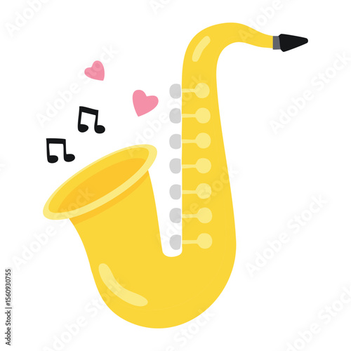 A cheerful saxophone with musical notes and hearts. A vibrant illustration of the instrument with musical symbols suggesting a happy tune