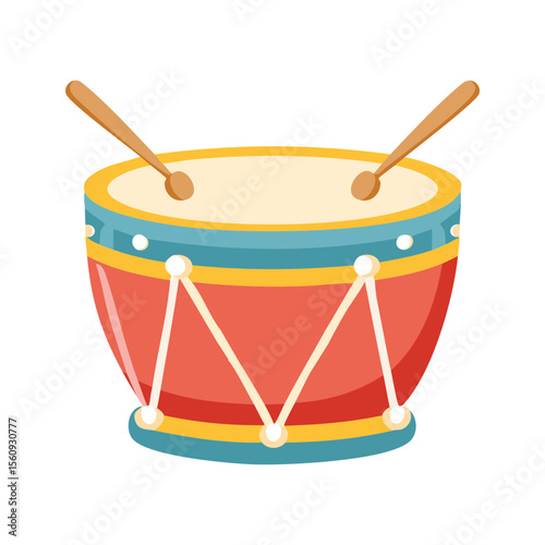 A cartoon drum with two drumsticks is isolated