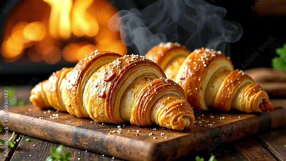 Fresh baked croissants steaming on wooden cutting board golden flaky pastry, warm bakery atmosphere with fireplace in background. Concept of bakery restaurant food.