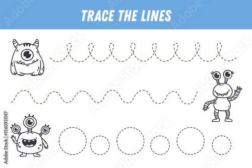 Tracing lines for kids. Cute cartoon monsters. Handwriting practice. Educational game for preschool kids. Activity page. Vector
