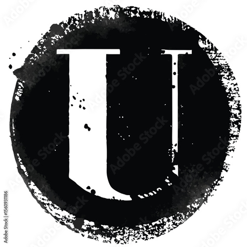 Artistic letter u inside a black ink circle with grunge effect transparency design