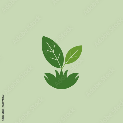 A minimalistic illustration of a green plant with two leaves on a light green background design element