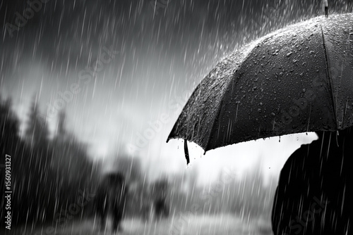 Dark Rainy Scene with Umbrella and Raindrops Creating a Melancholic Atmosphere