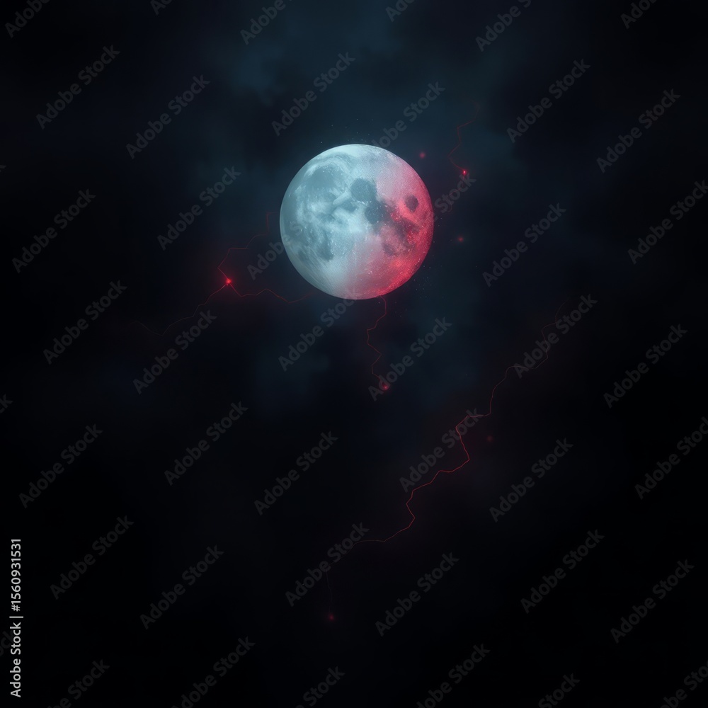Obraz premium Celestial Symphony: The radiant moon, painted with ethereal hues, casts its spell upon a canvas of twilight and mystery. A celestial body glows against a shadowy realm, offering a serene vista. 