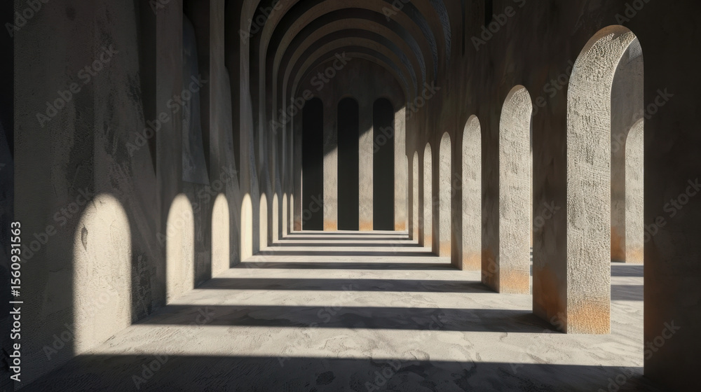 Fototapeta premium Minimal architecture with hard light casting shadow lines creates serene atmosphere in this spacious interior