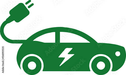 A green electric car icon with a plug and a lightning bolt on a white background graphic design