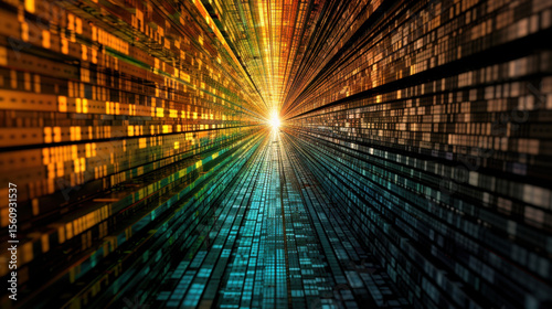Digital tunnel with vibrant colors and light at end, representing data flow and technology. image evokes sense of exploration and innovation