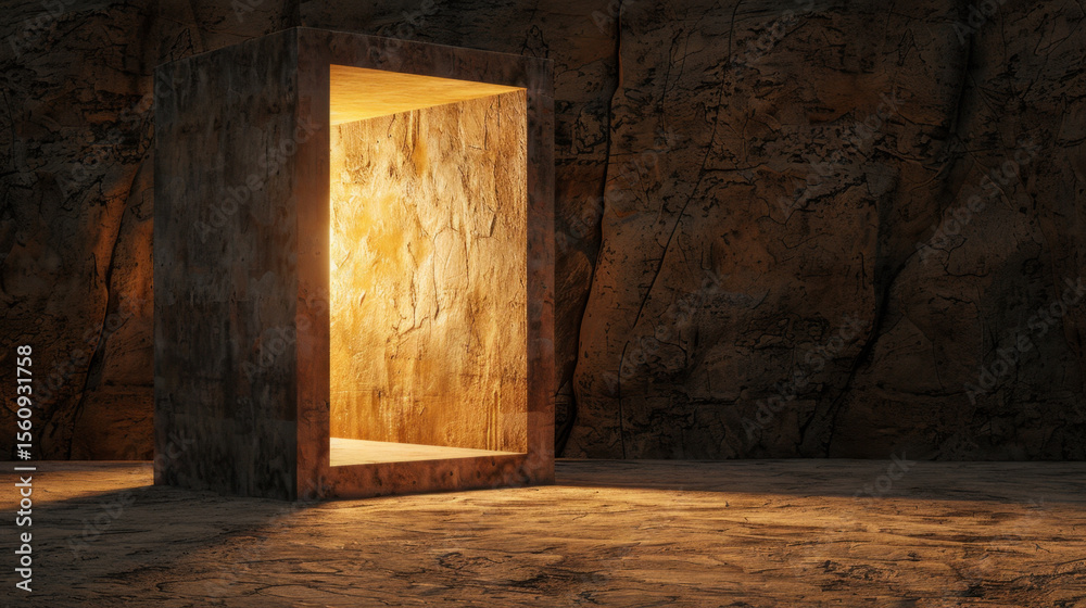 Obraz premium Minimal square opening allows golden hour light to illuminate textured stone wall, creating warm and inviting atmosphere