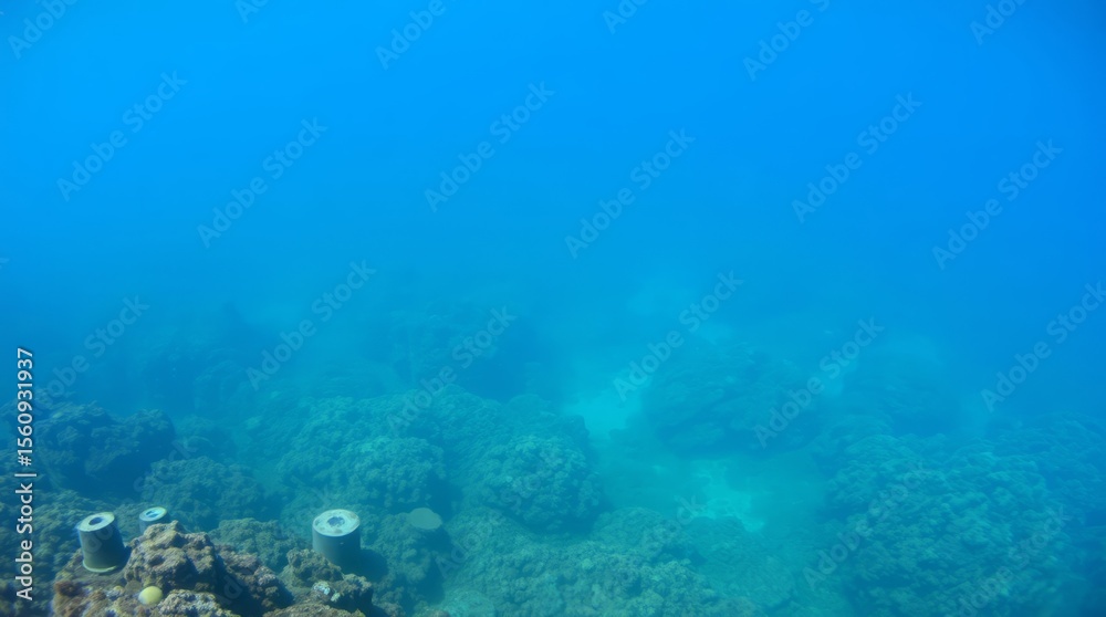 Fototapeta premium Underwater Vista: A tranquil underwater scene unveils a mesmerizing seascape, showcasing the raw beauty of marine life and the enigmatic depths below.