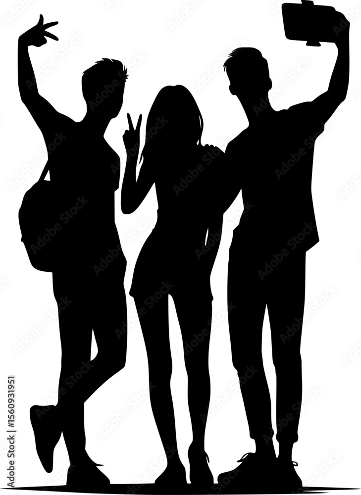 Fototapeta premium Silhouette of friends taking a group selfie, joyful and modern moment