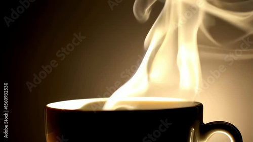 Close-up of a steaming hot drink in a mug, radiating warmth on a dark background