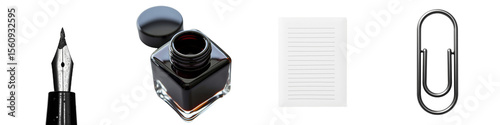 collage three different types fountain pens side black fountain pen silver nib black cap next bottle ink red cap bottle placed white background right side two pens one black body white body pen has
