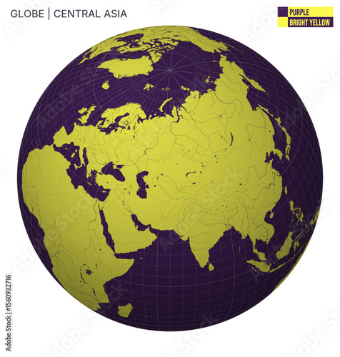 Vector Globe centered to Central Asia. Purple Bright Yellow palette. World map with meridians, parallels, countries, rivers and lakes. Classy vector illustration.