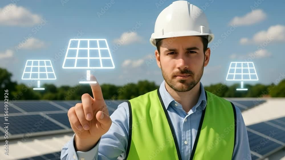 An engineer touches a virtual solar panel display in a photo, highlighting renewable energy and eco-friendly innovation.