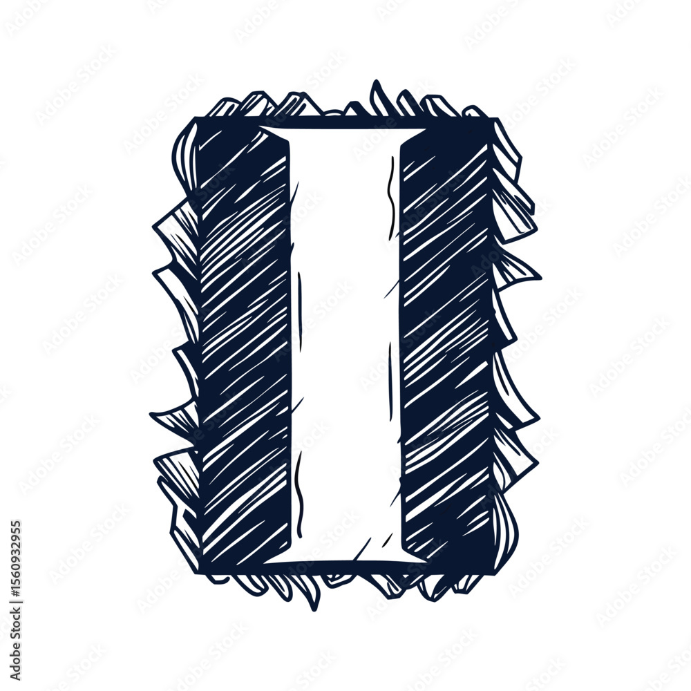 Hand drawn artistic letter i on white background with decorative border elements