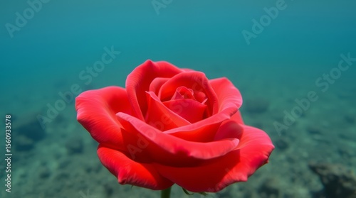 Submerged Rose: A vibrant red rose, seemingly defying gravity, blossoms underwater, its petals unfurling in a serene aquatic scene.