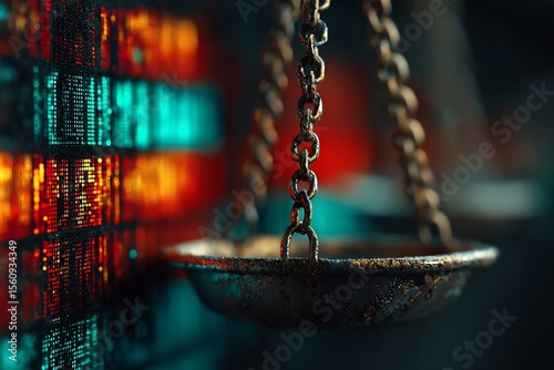 Symbolic representation of solving crimes through forensic science scales of justice merging digital evidence dramatic lighting