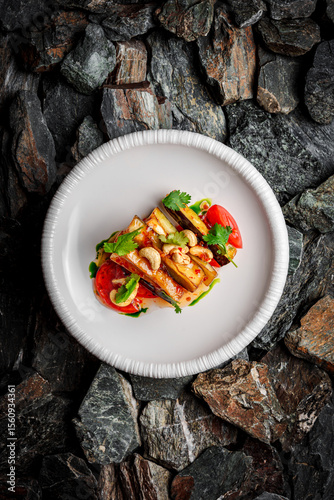 Crispy Eggplant with Cashews and Uzbek Tomatoes on stones