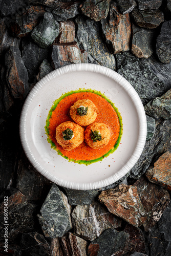 Crab Croquettes with Roasted Pepper Sauce and Wakame on stones