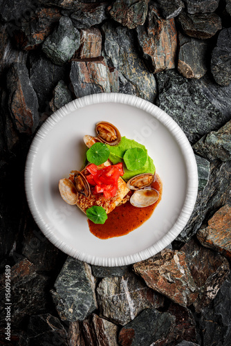 Halibut with Green Pea Puree, Vongole, and Black Garlic Emulsion on stones