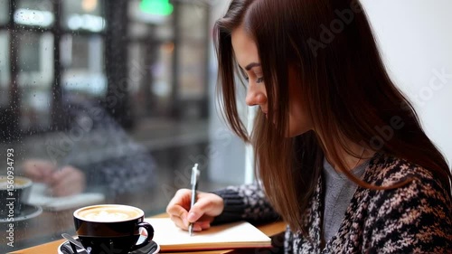 Young Woman Working and Writing in a Coffee Shop on a Rainy Day with Coffee