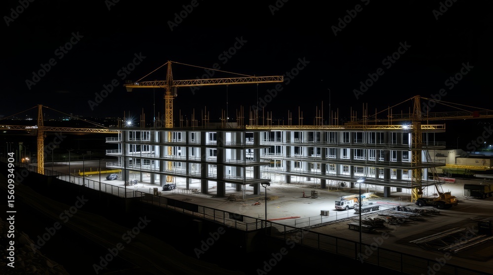 Obraz premium Night Construction Site: A dynamic perspective of a construction site, illuminated at night, showcasing a building under construction with cranes silhouetted against the dark sky.
