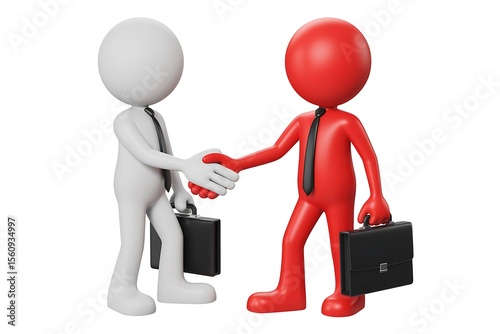 Two stylized figures in white and red shaking hands while holding briefcases on white