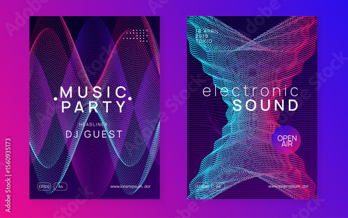 Techno Event. Festival Invite. Blue Dance Set. Night Club Banner. Electronic Radio Invitation. Pink Sound Poster. Party Electro Element. Violet Techno Event