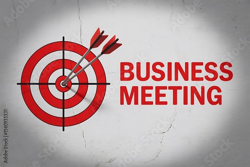 A target with two arrows in the bullseye and the words business meeting in red letters