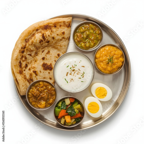 Traditional Indian Vegetarian Thali: Roti, Lentil Curry, Vegetables, Yogurt, Boiled Eggs, and Pickles