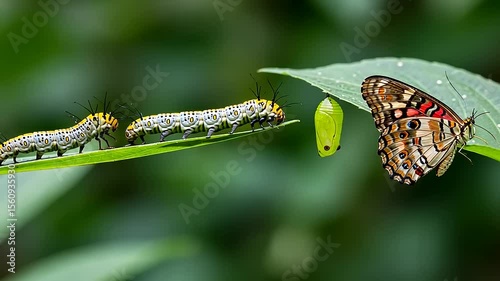 Colorful Caterpillars Transforming into a Butterfly in Nature