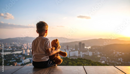 A thoughtful little boy embraces a teddy bear while looking out over the scenic city skyline at sunset