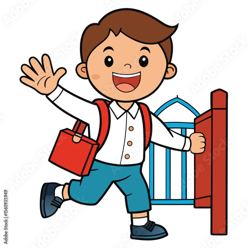 Happy Boy Leaving for School A cheerful illustration of a schoolboy starting his day
