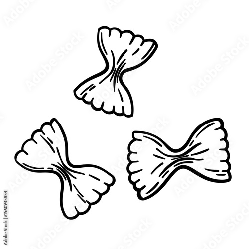  Hand-drawn Farfalle pasta in engraving style. Vintage vector sketch inspired by Italian cuisine traditions. Perfect for menu, packaging, or culinary design. Isolated on white.