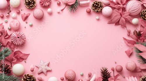 This creative flat lay features a border of Christmas decorations on a pastel pink backdrop — perfect for elegant, contemporary holiday visuals.

