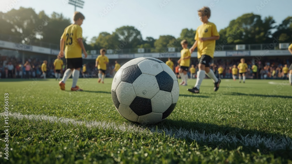 Fototapeta premium Youth soccer match featuring a ball on the field and young players in yellow jerseys in the background.