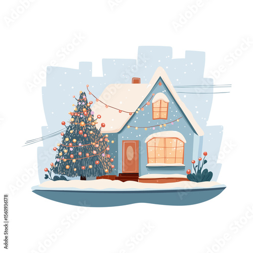 Snow-covered house with Christmas lights and decorated tree in front yard in flat vector SVG on transparent background for holiday cards, winter newsletters and homey seasonal scenes