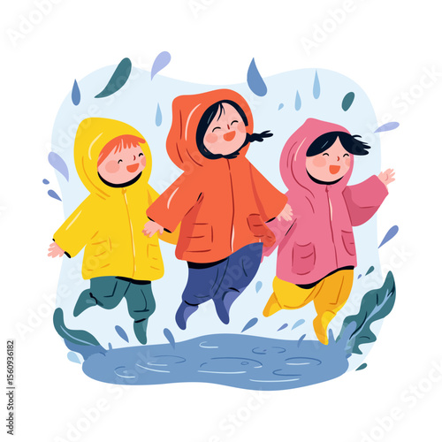 Happy multicultural children jumping in puddles wearing raincoats in playful cartoon flat vector SVG on transparent background for educational games, spring posters and children’s design