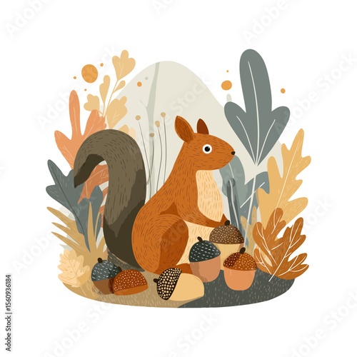 Cute squirrel with fluffy tail and acorns in earthy tones in flat vector SVG on transparent background for woodland animal sets, autumn greeting cards, and kids nature illustrations